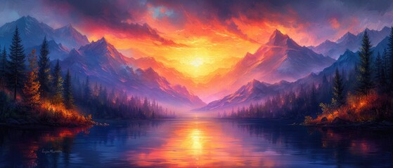 A serene mountain landscape at sunset with vibrant colors, landscape painting style, warm oranges...