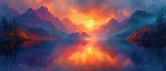Fototapeta na wymiar A serene mountain landscape at sunset with vibrant colors, landscape painting style, warm oranges and purples