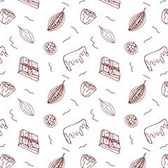 Cocoa beans doodle sketch and chocolate background. Vector illustration isolated. Hand drawn outline vector Suitable for wrapping, packaging, poster. Chocolate sliced and cacao beans - obrazy, fototapety, plakaty