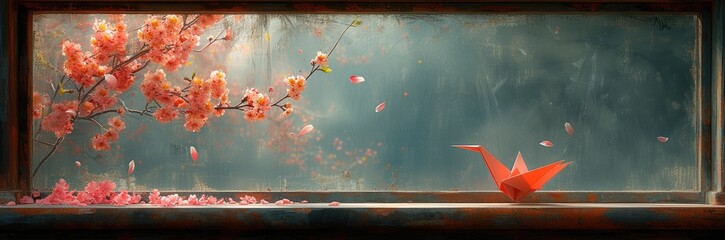 A single origami crane taking flight from a weathered windowsill, painterly style, soft pinks and oranges - obrazy, fototapety, plakaty