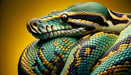Obraz premium A close-up front view of a python, on a yellow background