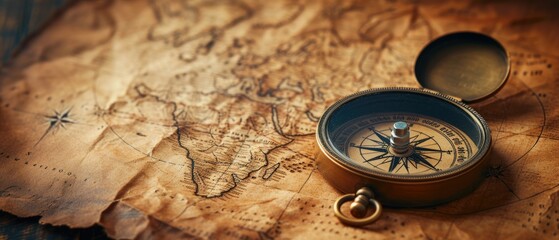 Fototapeta na wymiar A vintage compass on a tattered map, exploration theme, sepia with a hint of gold