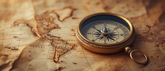 A vintage compass on a tattered map, exploration theme, sepia with a hint of gold