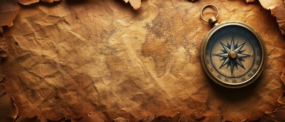A vintage compass on a tattered map, exploration theme, sepia with a hint of gold