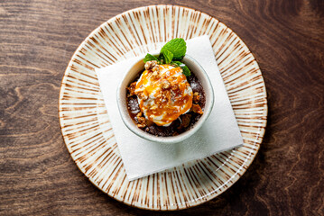 chocolate fondant cake with ice cream and caramel