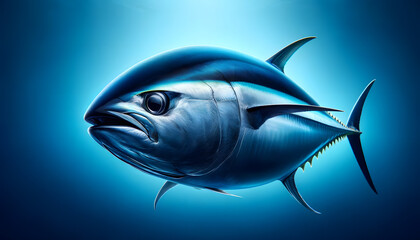 A close-up front view of a tuna, on a marine background