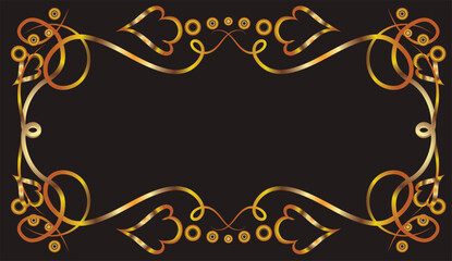 Fantasy ornament with leaves, ovals and curls. Ornament, applique, background with space for an inscription. Gold gradient on a black background for printing on fabric, applique and cards.