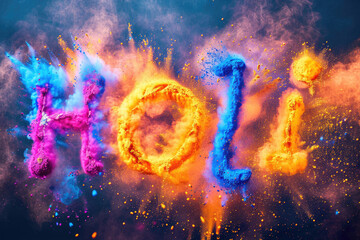 Holi festival celebration. Holi word with bright colorful powder explosion - obrazy, fototapety, plakaty