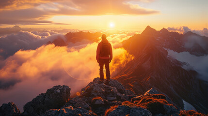 A climber stands at the top of a mountain enjoying the warm light of the rising sun