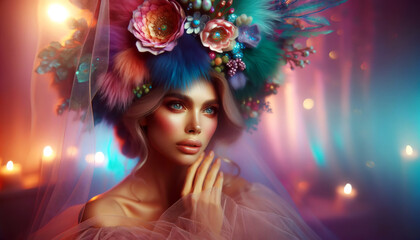 A mystical portrait of a woman with a floral and feather headdress in vibrant colors, her contemplative gaze enhanced by soft, ethereal lighting.Trendy Hair concept. AI generated.
