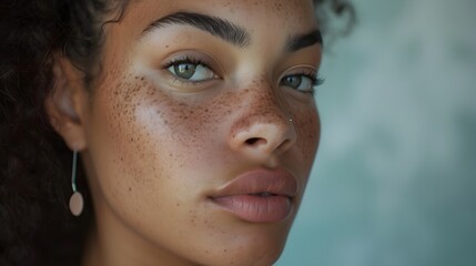Portrait of a young African woman with freckles on blue background looking at camera close up