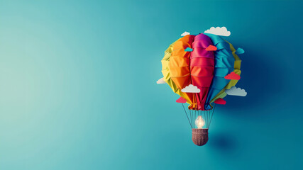 a balloon. Hot air balloon decor. colorful balloon. Cartoon illustration of flying in hot air balloon. Balloon In the sky. High angle view of air balloon flying in mid air against clear blue sky