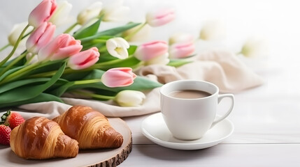 Fototapeta na wymiar Happy mother's day, beautiful breakfast, lunch with cup of coffee fresh croissants, bouquet of red tulips as gift. Spring holiday, family relations