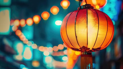 A traditional red Chinese lantern glows against a blurred background of vibrant lights, conveying a...