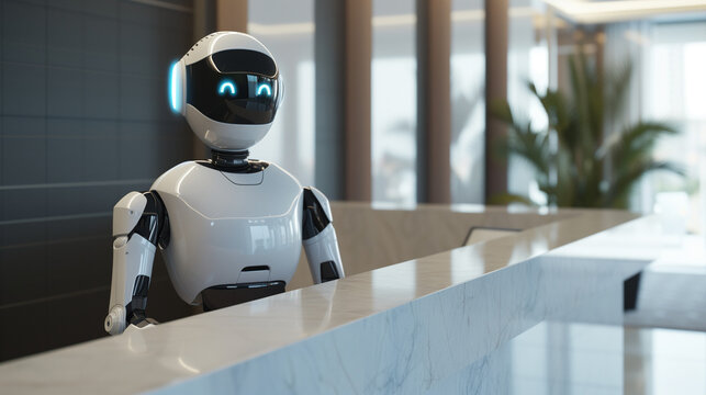AI robot man at the reception desk with a friendly and neat appearance, an organized office space creates a professional impression, AI generated Images