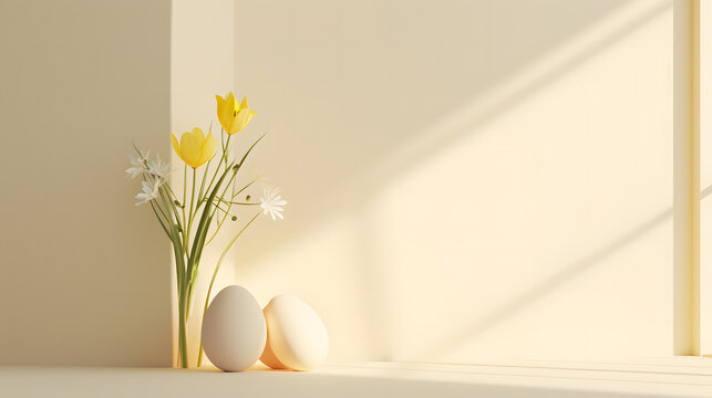 Home interior with minimal easter decor.Flowers, easter eggs on a light background with shadows