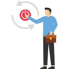 Concept of rebooting business or career, businessman carefully reaching his finger to press reboot or restart button, refreshing work energy or resuming the new journey, changes to increase output.
