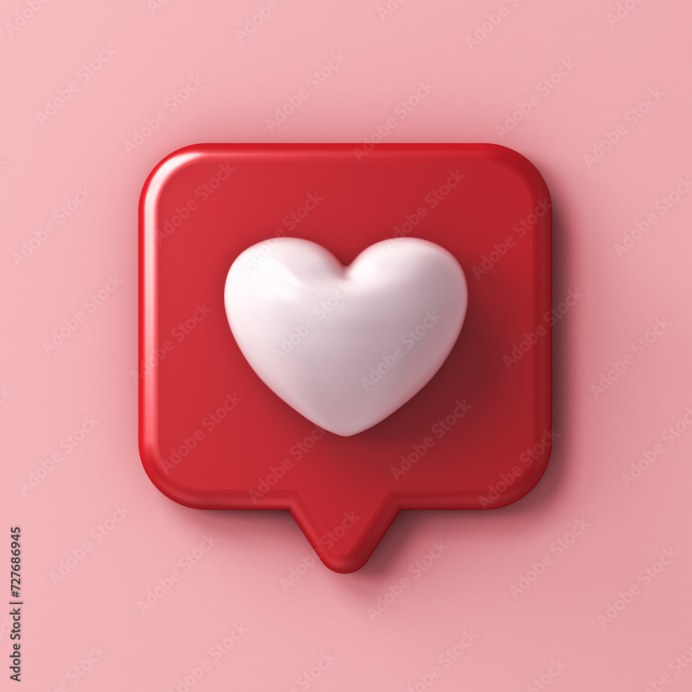 Poster 3d red love like heart social media notification icon on pink pastel color wall background with shad
