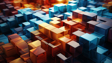 3D digital artwork of a complex array of cubes in warm and cool tones, creating an abstract pattern with a sense of depth and dimension.Background concept. AI generated.