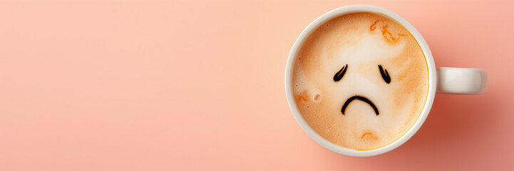 Nahaufnahme - Draufsicht auf eine Kaffeetasse mit traurigem Gesicht auf dem Milchschaum auf pfirsichfarbenen Hintergrund - emotionale Pause im Alltag - Stimmung am Morgen