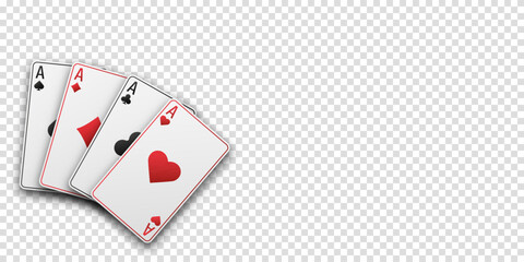 Fan of hand playing cards. Four aces with the suit of hearts, clubs, diamonds and spades. Vetor illustration. Poker or casino concept. Transparent background.