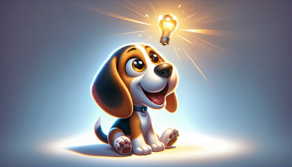 ぴこーんと解決策をひらめいたイヌのイラスト　（ AI生成画像 ）