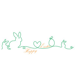Happy Easter bunny greeting card in simple one line style with text celebration word sign. Copy space. Rabbit vector illustration. Black and white minimal concept

