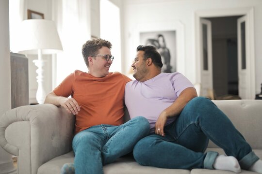 Portrait Young Homosexual Couple Sofa