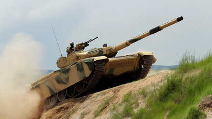 A tank moves through arid terrain