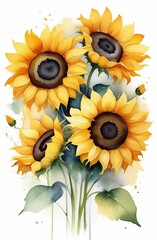 Bouquet of sunflowers on a white background. Beautiful watercolor.