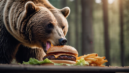 a bear eating a hamburger with a bite out of it's mouth and sitting in front of a plate of fries - obrazy, fototapety, plakaty