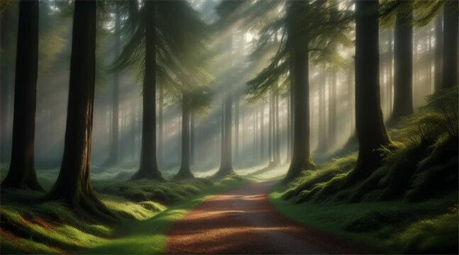 Misty Morning Woods: A serene forest scene with sunlight filtering through the trees