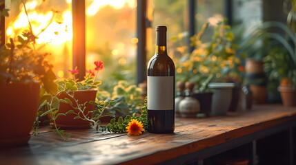 Mockup. A bottle of wine on the tabletop. Setting sun. Summer garden.