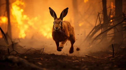 Foto op Aluminium Hare running away from a forest fire. Natural disaster. Fire in the forest. © brillianata