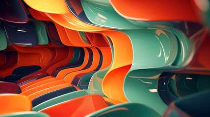 A 3D abstract image displaying a wave of interconnected, glossy cubes in a gradient of orange and teal colors, creating a sense of fluid motion.Background concept. AI generated.