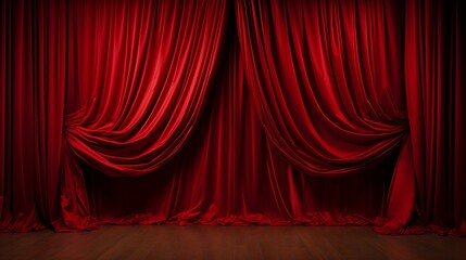 Stage in a theatre. Theater red velvet curtains.