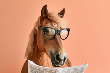 Horse with glasses reading newspaper. AI generative art
