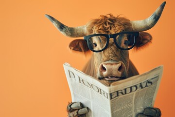 Bull with glasses reading newspaper. AI generative art - obrazy, fototapety, plakaty