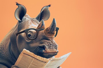 Rhino with glasses reading newspaper. AI generative art - obrazy, fototapety, plakaty