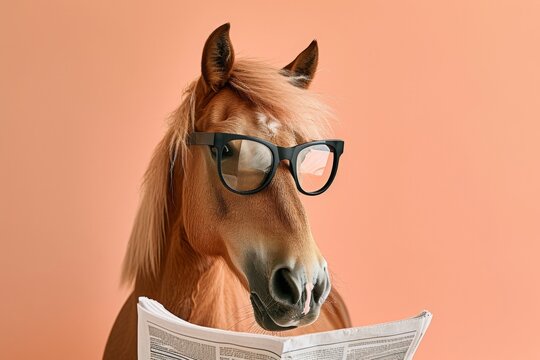 Horse with glasses reading newspaper. AI generative art