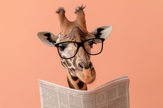 Giraffe with glasses reading newspaper. AI generative art