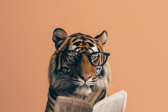 Tiger with glasses reading newspaper. AI generative art