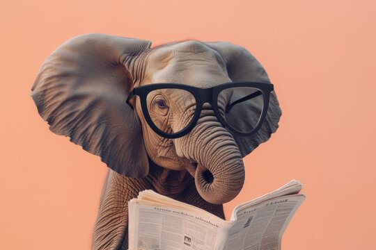 Elephant with glasses reading newspaper. AI generative art