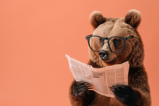 Bear with glasses reading newspaper. AI generative art