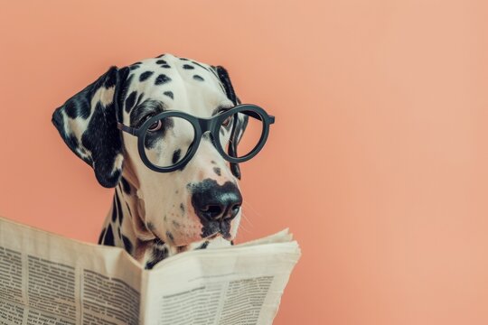 Dalmatian dog with glasses reading newspaper. AI generative art