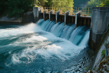 A Captivating View of a Hydroelectric Dam with Water Gracefully Discharging Through Locks"
