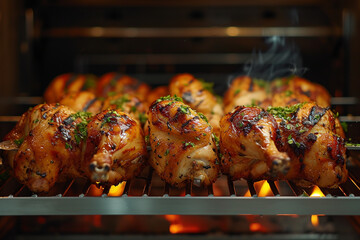 Closeup of Whole Chickens Grilling on a Rotisserie Machine, A Culinary Masterpiece in the Making"
