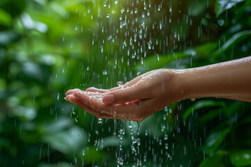 Closeup of Water Flowing to a Woman's Hands, Capturing the Essence of Harmony in the Garden"
