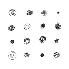 Set of hand drawn doodle circles in a grunge style. Scribble doodle circle and point. Collection black shapes dots and drops. Vector illustration for bullet journal. Isolated white background.