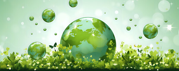 Eco-Friendly World Concept with Green Globes

A vibrant illustration promoting eco-friendliness with green globes floating above a lush meadow, symbolizing a sustainable and environmentally conscious  - obrazy, fototapety, plakaty